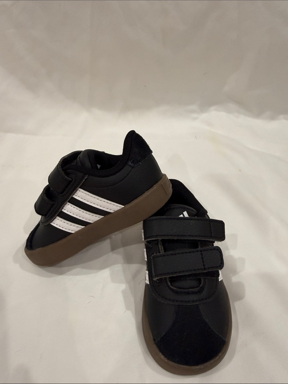 adidas Black and White Kids Velcro Sneakers with Brown Sole